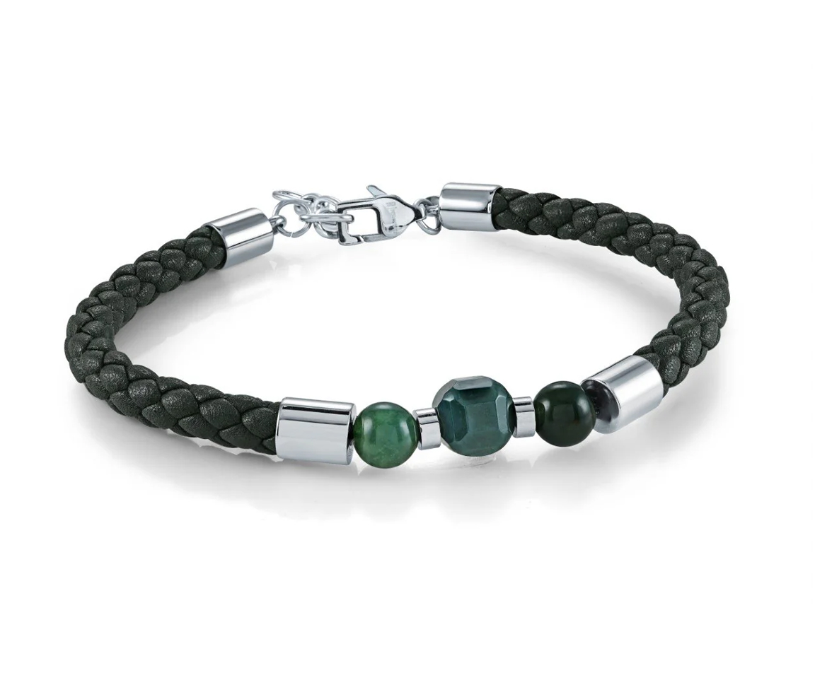 BRACELET EN CUIR NOIR TRESSÉ ET ACIER SERTI D'AGATES VERTES - IG SLB703 - ITALGEM BRACELET EN CUIR NOIR TRESSÉ ET ACIER SERTI D'AGATES VERTES - IG SLB703 - ITALGEM