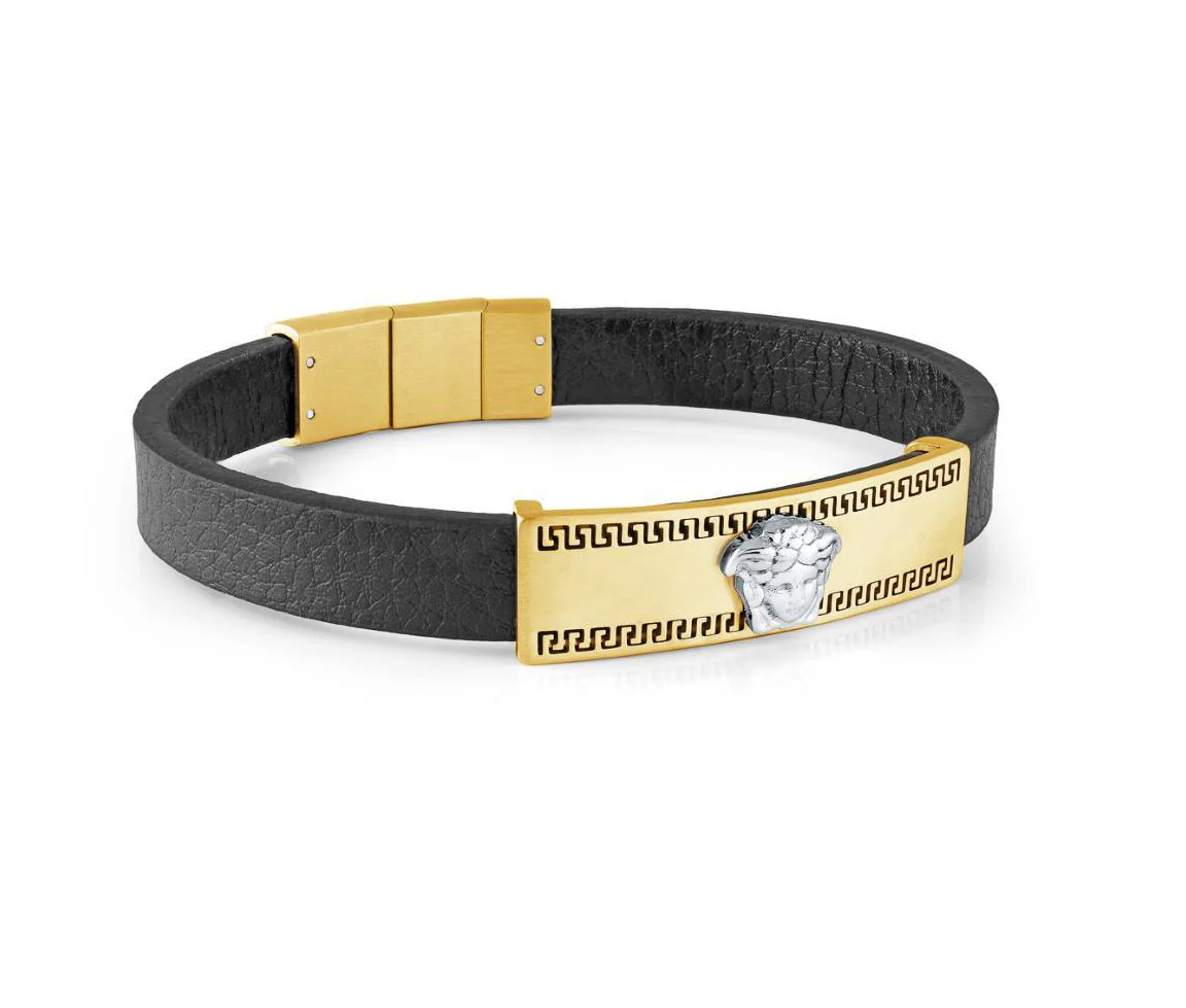 BRACELET EN CUIR NOIR ET ACIER/PVD OR 2 TONS À MOTIF VERSACE - IG SLB558 - ITALGEM BRACELET EN CUIR NOIR ET ACIER/PVD OR 2 TONS À MOTIF VERSACE - IG SLB558 - ITALGEM
