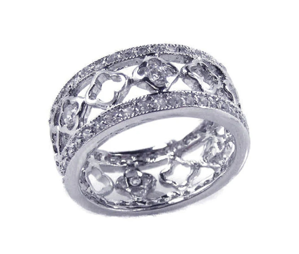 JONC ÉTERNITÉ AJOURÉ AVEC MOTIF TRÈFLES EN ARGENT RHODIÉ SERTI DE CUBIQUES ZIRCONIAS - SP BGR00112/8 - BIJOUX D'IMPORTATION JONC ÉTERNITÉ AJOURÉ AVEC MOTIF TRÈFLES EN ARGENT RHODIÉ SERTI DE CUBIQUES ZIRCONIAS - SP BGR00112/8 - BIJOUX D'IMPORTATION