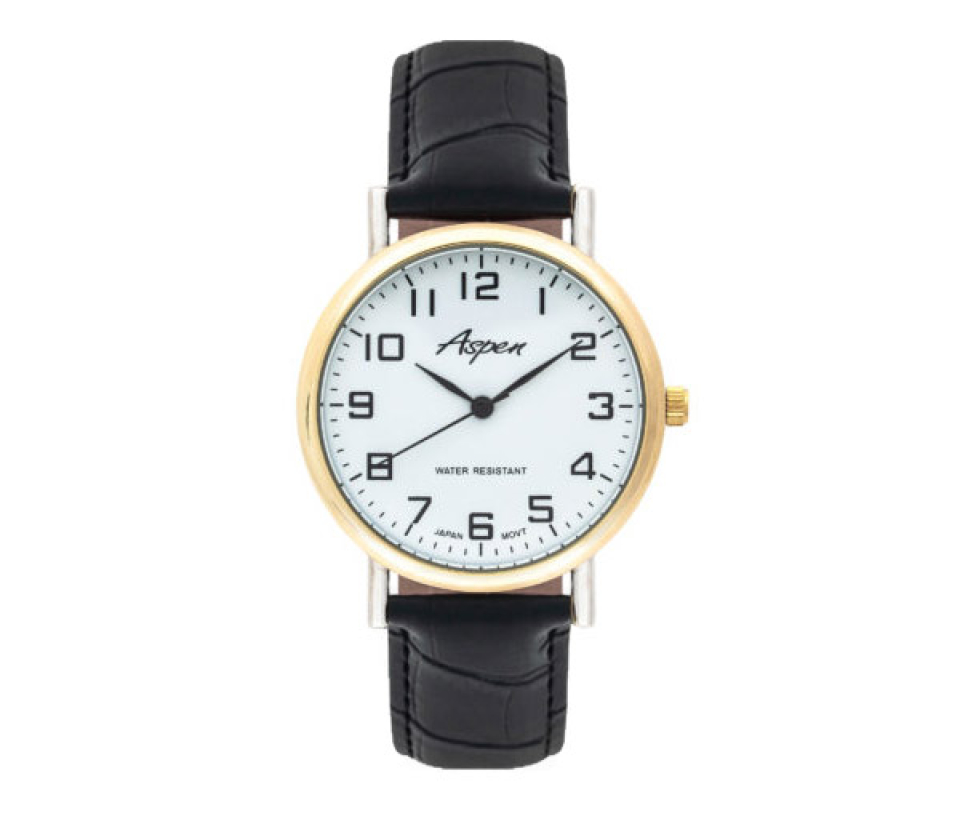 MONTRE ASPEN POUR HOMME EN ACIER/PVD OR 2 TONS AVEC BRACELET DE CUIR - BA AP3041/BK - ASPEN MONTRE ASPEN POUR HOMME EN ACIER/PVD OR 2 TONS AVEC BRACELET DE CUIR - BA AP3041/BK - ASPEN