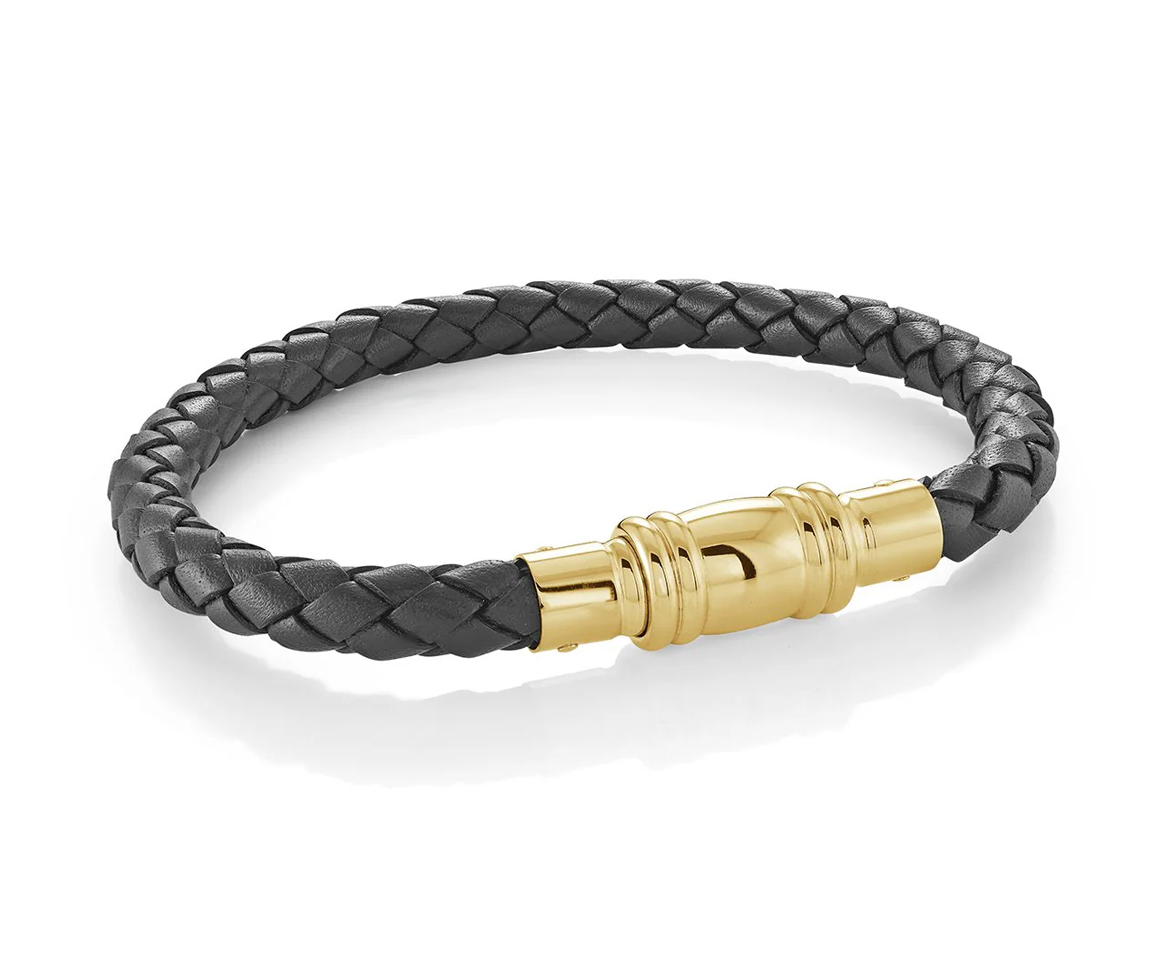BRACELET ACIER ET CUIR NOIR TRESSÉ - IG SLB685GO/8.5 - ITALGEM