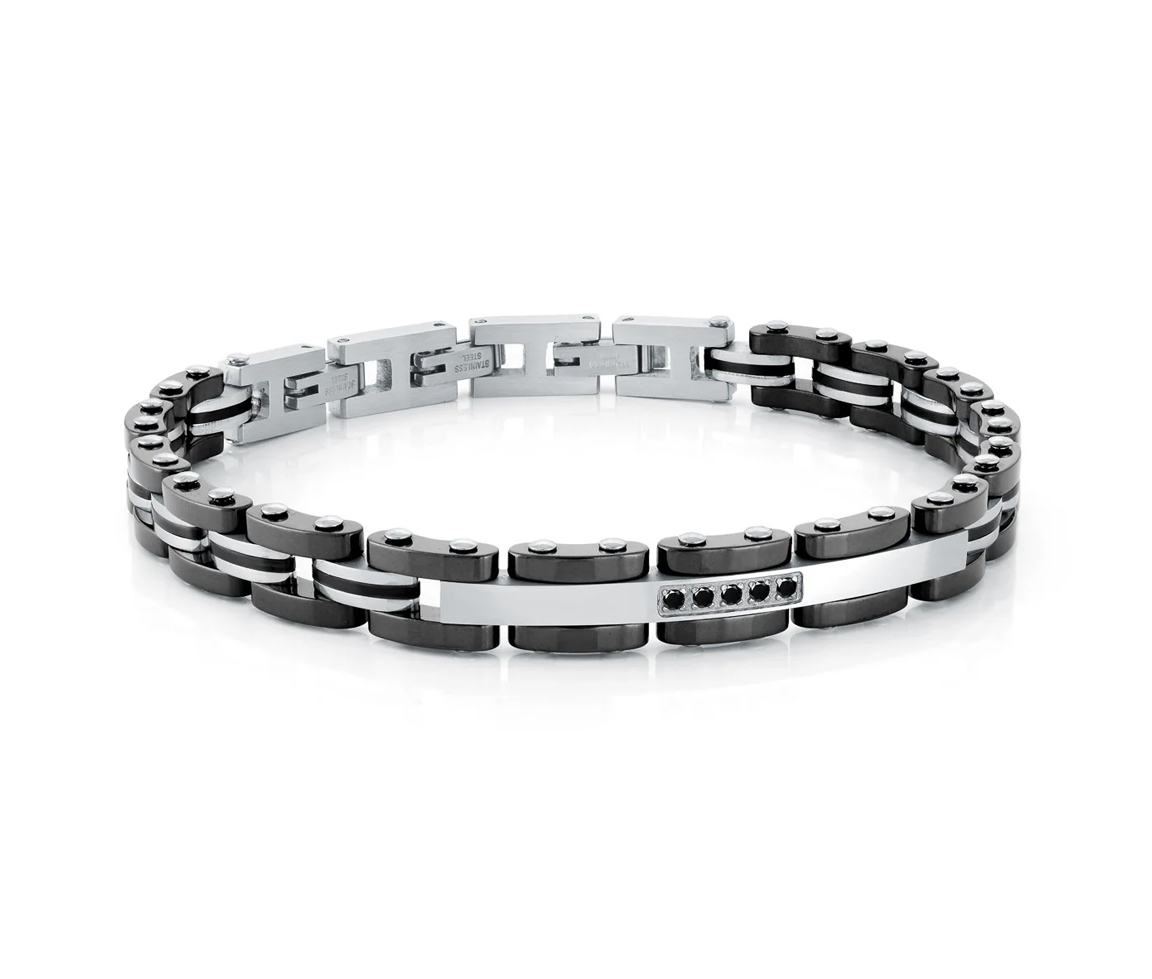 BRACELET EN ACIER ET CÉRAMIQUE NOIRE SERTI DE CUBIQUES ZIRCONIAS NOIRS - IG SMB497 - ITALGEM