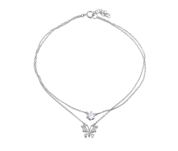 CHAINE DE CHEVILLE DOUBLE EN ARGENT RHODIÉ SERTI D'UN PAPILLON ET DE CUBIQUES ZIRCONIAS - SP BGF00020 - BIJOUX D'IMPORTATION