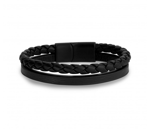 BRACELET DOUBLE EN ACIER/PVD NOIR ET CUIR 