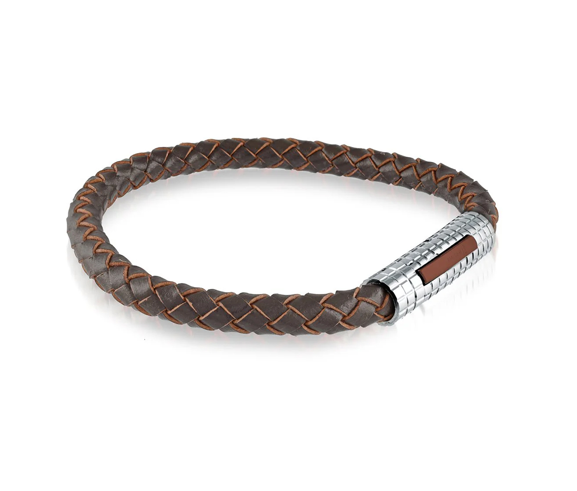 BRACELET EN CUIR BRUN TRESSÉ ET ACIER - IG SLB96 - ITALGEM