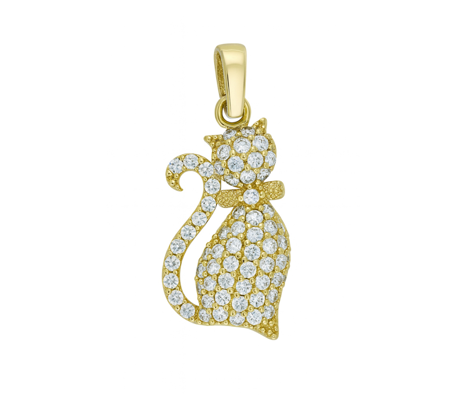 PENDENTIF CHAT EN OR JAUNE SERTI D'UN PAVÉ DE CUBIQUES ZIRRCONIAS - MB CHAT06 - BIJOUX D'IMPORTATION