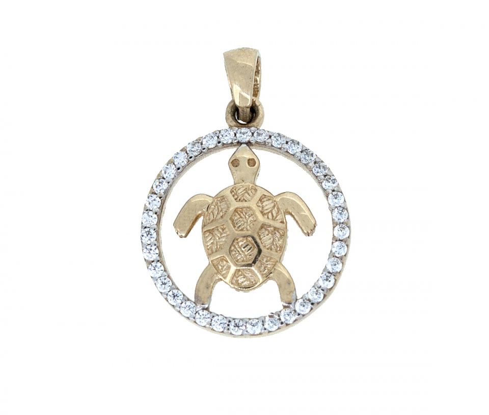 PENDENTIF TORTUE DANS CERCLE DE VIE EN OR JAUNE SERTI DE CUBIQUES ZIRCONIAS - MB PEN228 - BIJOUX D'IMPORTATION