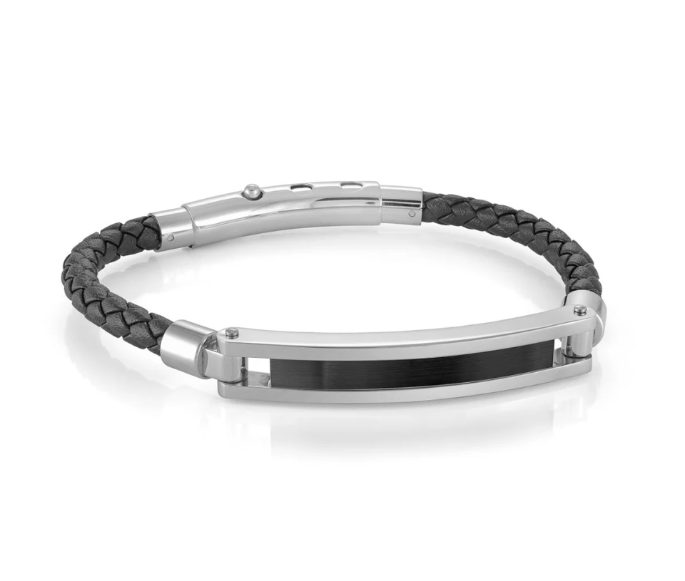 BRACELET EN ACIER/PVD NOIR ET CUIR TRESSÉ AJUSTABLE - IG SLB490 - ITALGEM