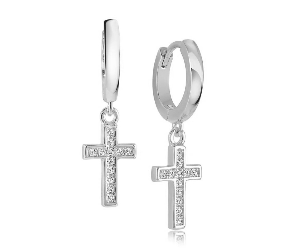 BOUCLES HUGGIES EN ACIER AVEC CROIX SERTIES DE CUBIQUES ZIRCONIAS - IG SEA398 - VELORIA