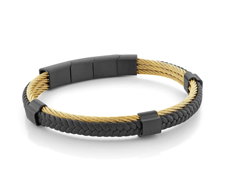 BRACELET EN CUIR TRESSÉ ET ACIER PVD OR ET NOIR - IG SMBG126 - ITALGEM