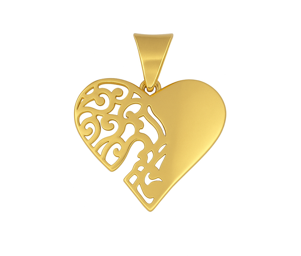 PENDENTIF COEUR À MOTIF MOITIÉ UNI ET MOITIÉ AJOURÉ EN OR JAUNE - MB COEUR79 - BIJOUX D'IMPORTATION