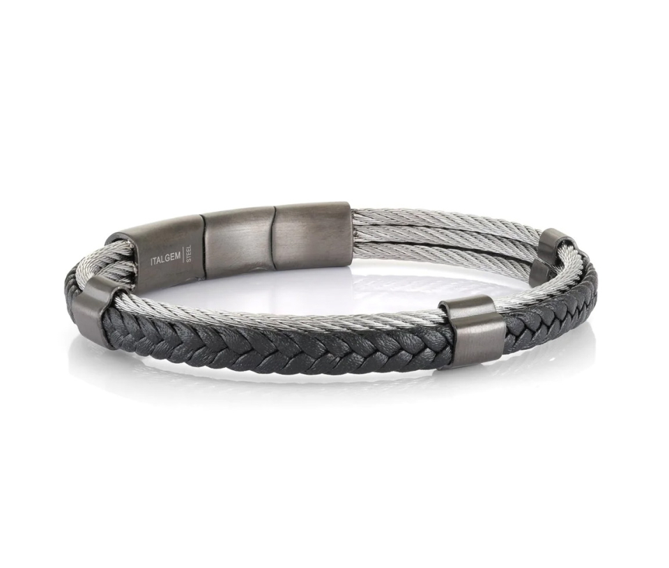BRACELET EN CUIR TRESSÉ ET ACIER/PVD GUNMETAL - IG SMBG107 - ITALGEM