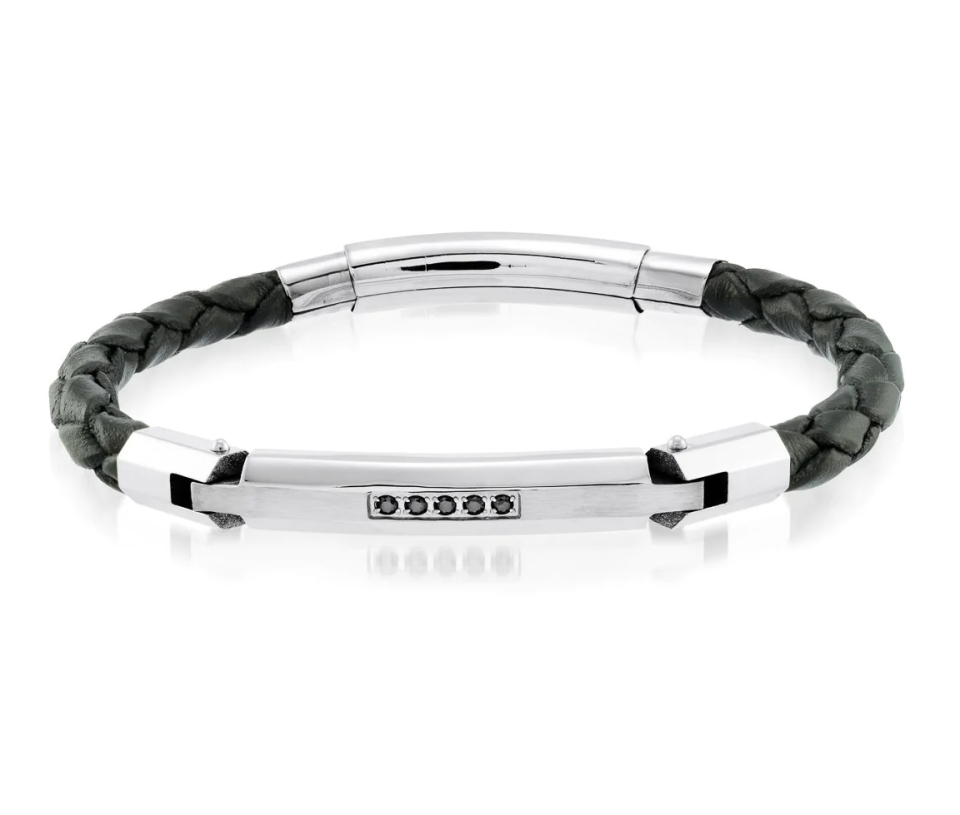BRACELET EN CUIR TRESSÉ ET ACIER SERTI DE CUBIQUES ZIRCONIAS NOIRS - IG SLB161 - ITALGEM