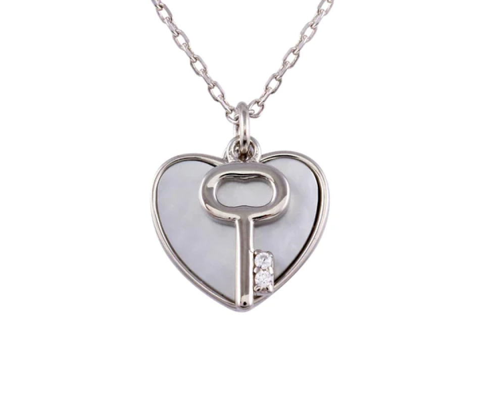 COLLIER COEUR/CLÉ EN ARGENT RHODIÉ SERTI DE NACRE DE PERLE ET DE CUBIQUES ZIRCONIAS - SP STP01757 - BIJOUX D'IMPORTATION