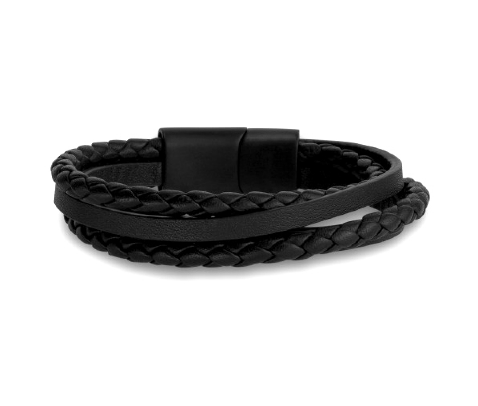 BRACELET 3 RANGS EN ACIER/PVD NOIR ET CUIR - AZ ASB270 8.5 - AREZZO