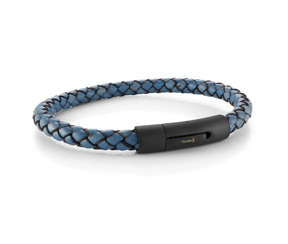 BRACELET EN ACIER/PVD NOIR ET CUIR BLEU DENIM TRESSÉ - IG SLB580 - ITALGEM