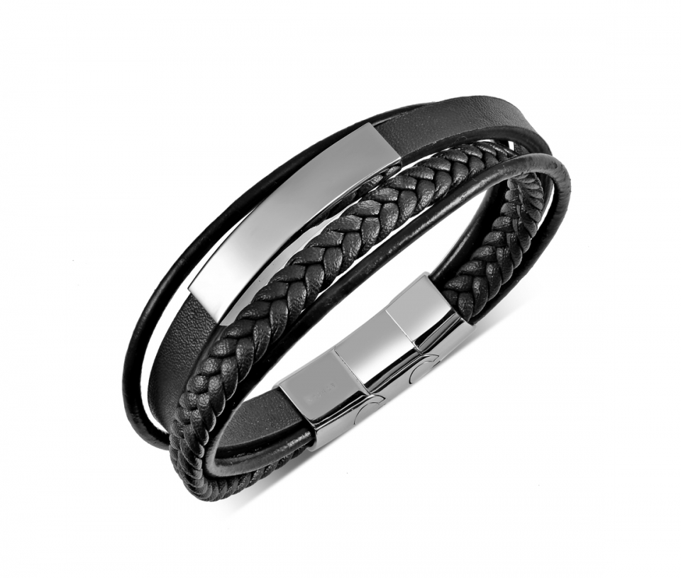 bracelet acier cuir noir multi strap 8.5+0.5