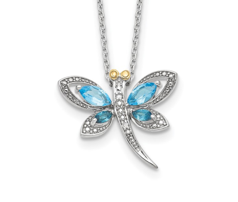 PENDENTIF LIBELLULE EN ARGENT ET ACCENT D'OR SERTI DE TOPAZES BLEUS ET DE DIAMANTS - QG QG6232/17 - IMPORTATION