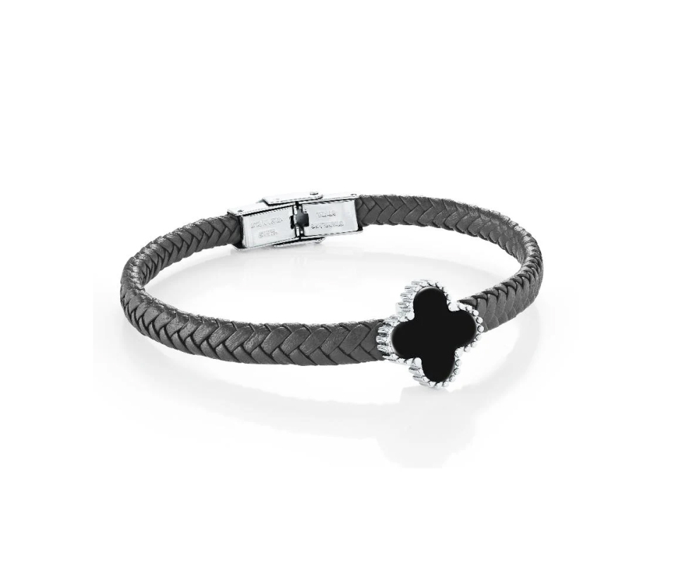 BRACELETTRÈFLE EN CUIR TRESSÉ ET ACIER SERTI D'ONYX - IG SLB682/8 - ITALGEM