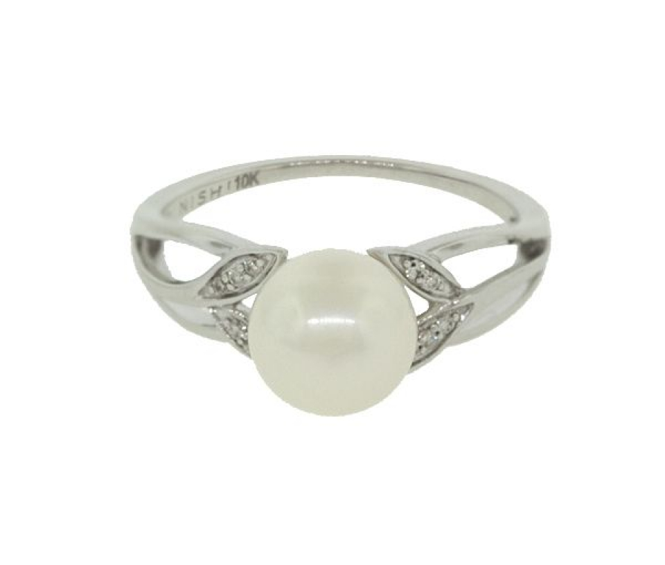 BAGUE EN OR 10K BLANC SERTIE D'UNE PERLE D'EAU DOUCE ET DE DIAMANTS - CG RF26714 2 - PERLE D'IMPORTATION