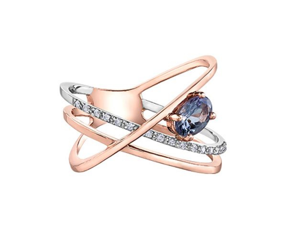 BAGUE EN OR ROSE ET BLANC SERTIE D'UNE TANZANITE ET DE DIAMANTS - CR DD7490 - BIJOUX CANADIEN