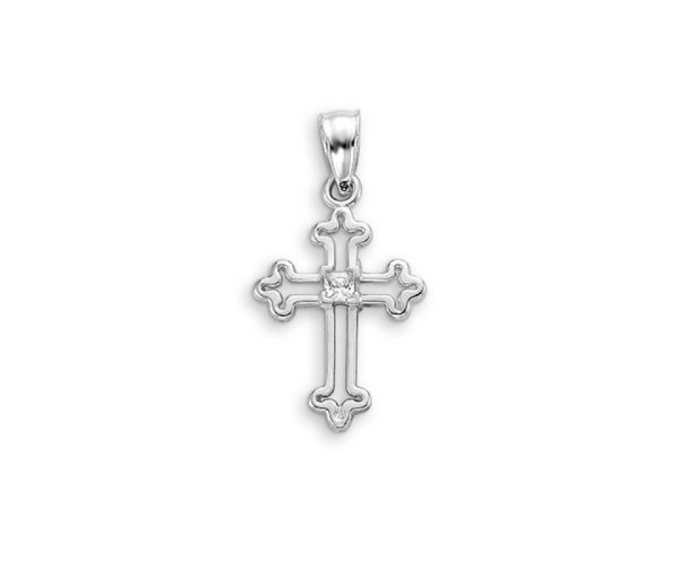 PENDENTIF CROIX AJOURÉE EN OR BLANC SERTI DE CUBIQUES ZIRCONIAS - SY 3124 - BIJOUX D'IMPORTATION