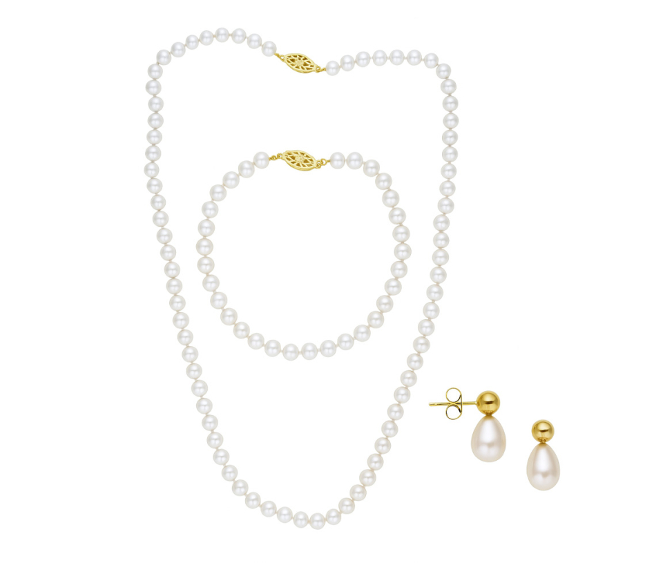 ENSEMBLE 3 MORCEAUX, COLLIER, BRACELET ET BOUCLES EN ARGENT/PVD OR AVEC PERLES D'EAU DOUCE - AR 1420/5/18/78 - PERLE D'IMPORTATION